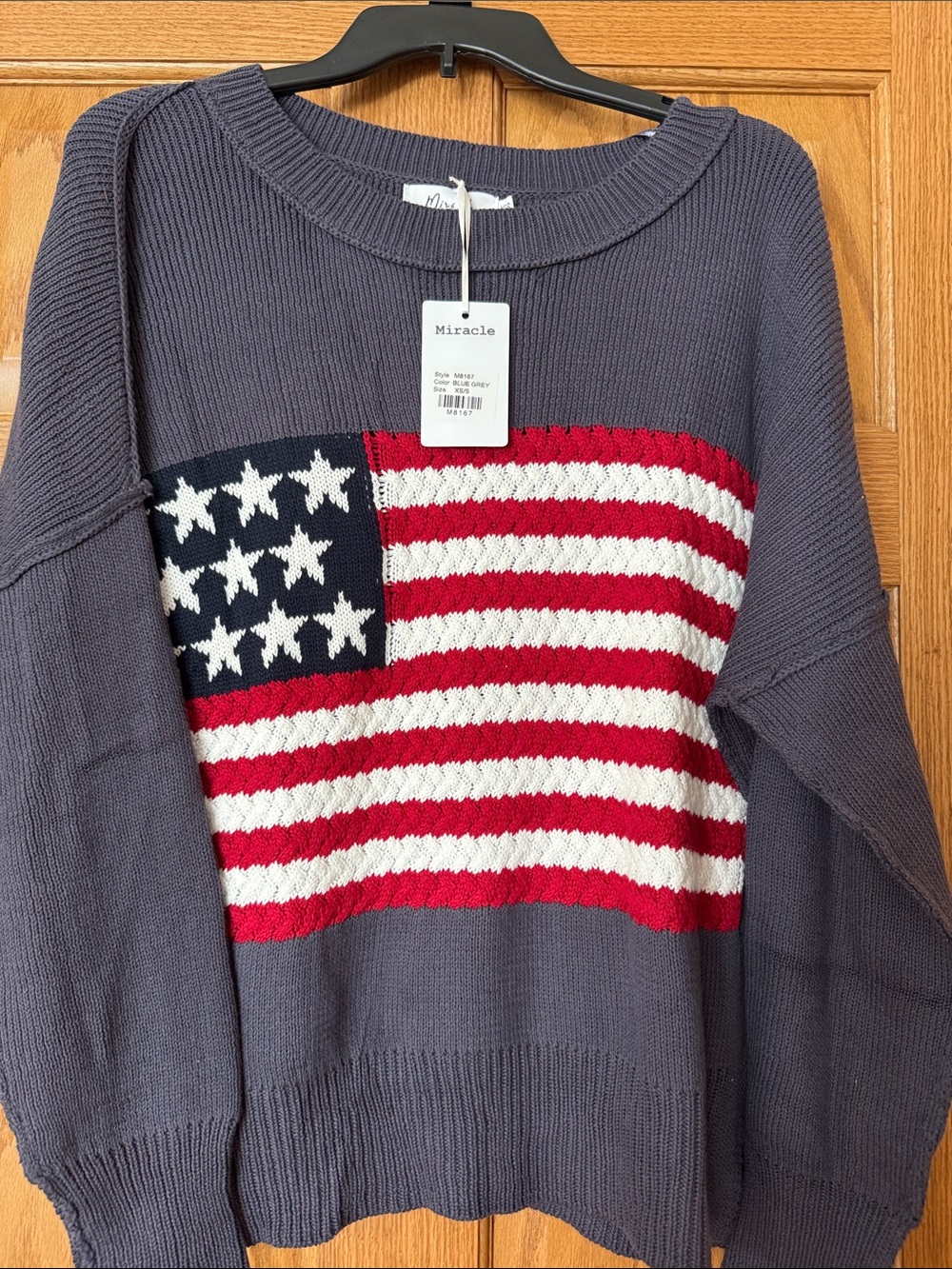 Miracle Blue Gray Knit Crewneck Sweater with Red, White & Blue Flag Panel XS/S